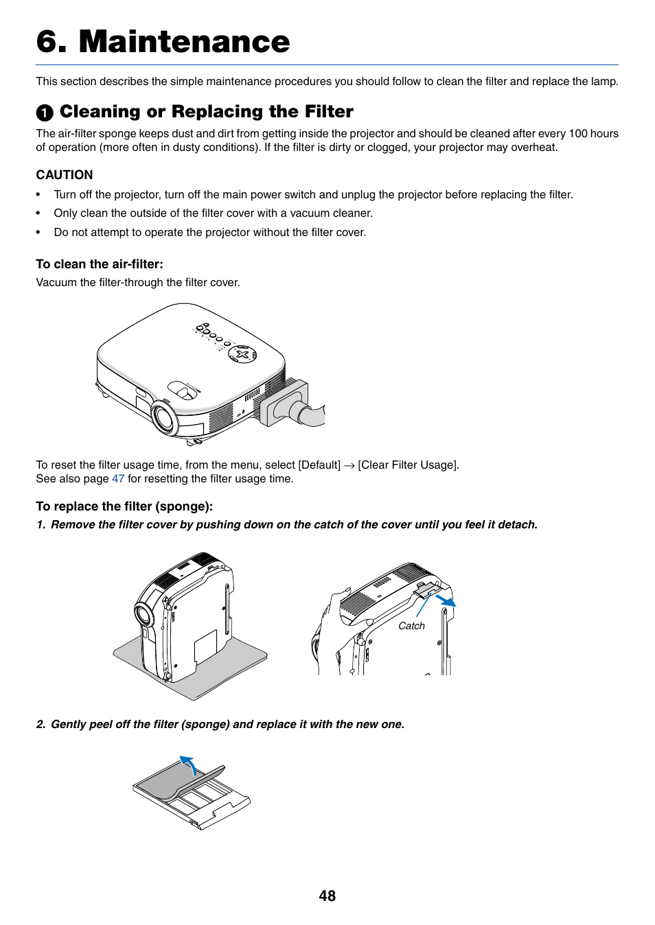 Maintenance, 1) cleaning or replacing the filter, ᕡ cleaning or replacing the filter | Caution | IBM VT670 User Manual | Page 55 / 80