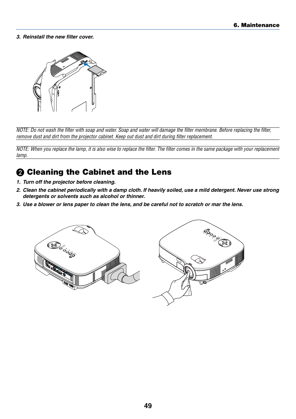 2) cleaning the cabinet and the lens, ᕢ cleaning the cabinet and the lens, Cleaning the cabinet and the lens | Maintenance | IBM VT670 User Manual | Page 56 / 80