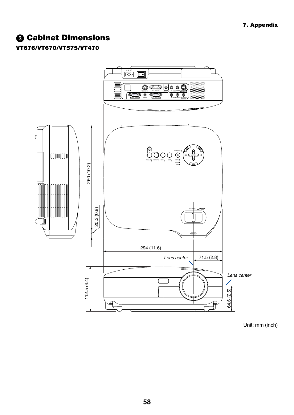 3) cabinet dimensions, Vt676/vt670/vt575/vt470, ᕣ cabinet dimensions | Appendix, Unit: mm (inch), Lens center | IBM VT670 User Manual | Page 65 / 80
