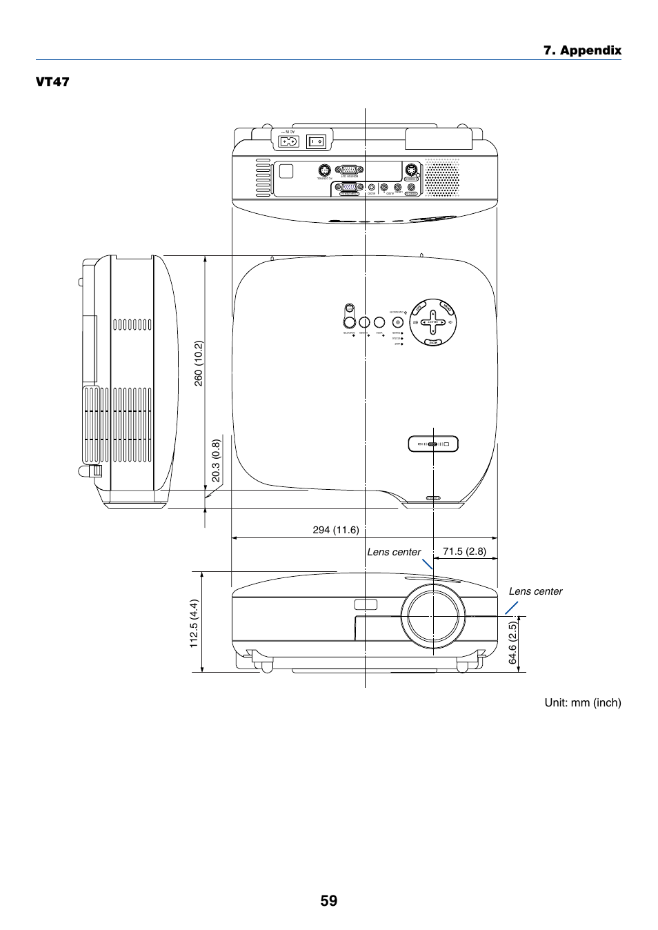 Vt47, Vt47 7. appendix, Unit: mm (inch) | Lens center | IBM VT670 User Manual | Page 66 / 80