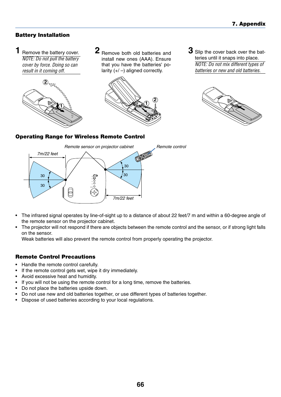 Battery installation, Operating range for wireless remote control, Remote control precautions | IBM VT670 User Manual | Page 73 / 80