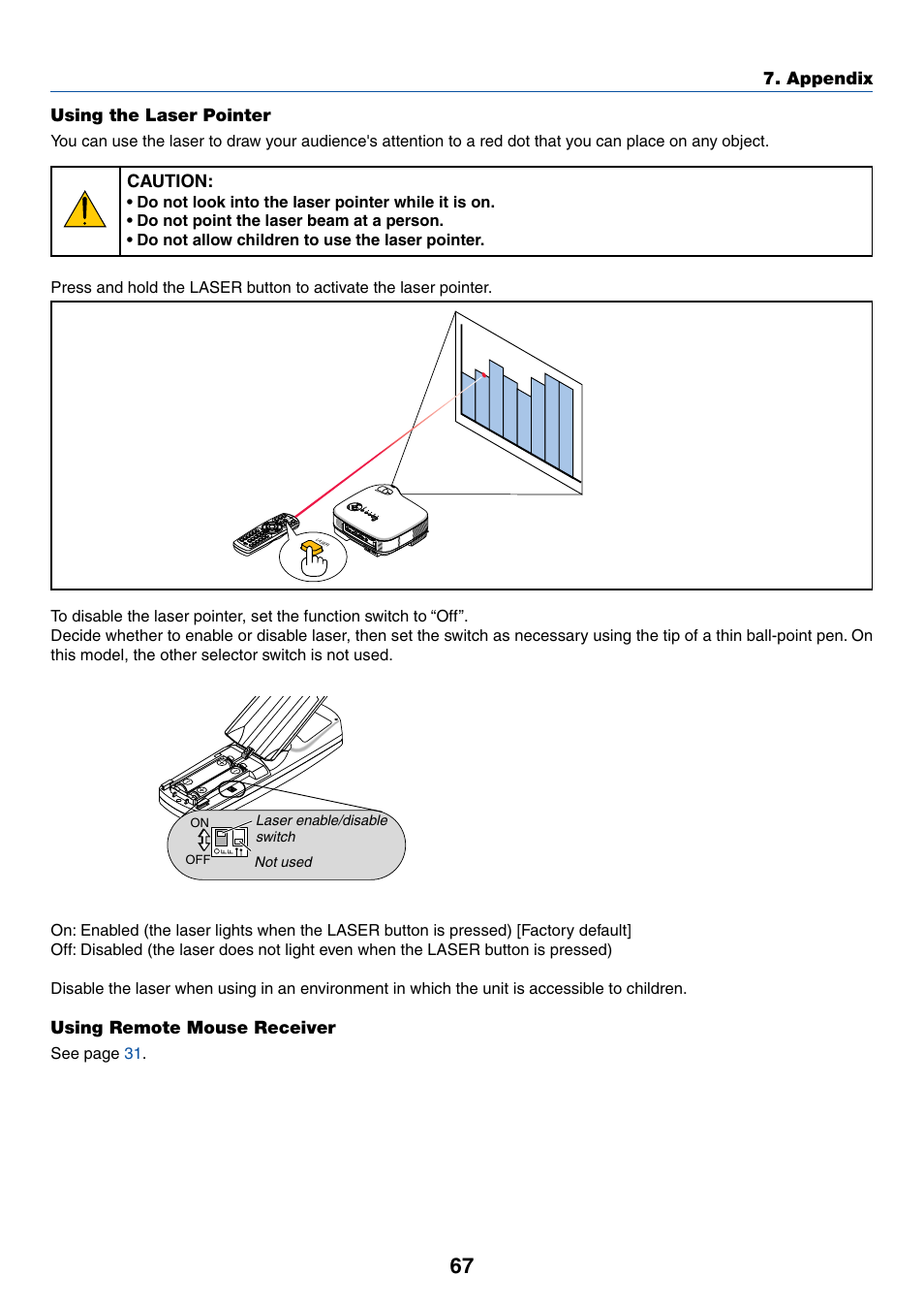 Using the laser pointer, Using remote mouse receiver | IBM VT670 User Manual | Page 74 / 80