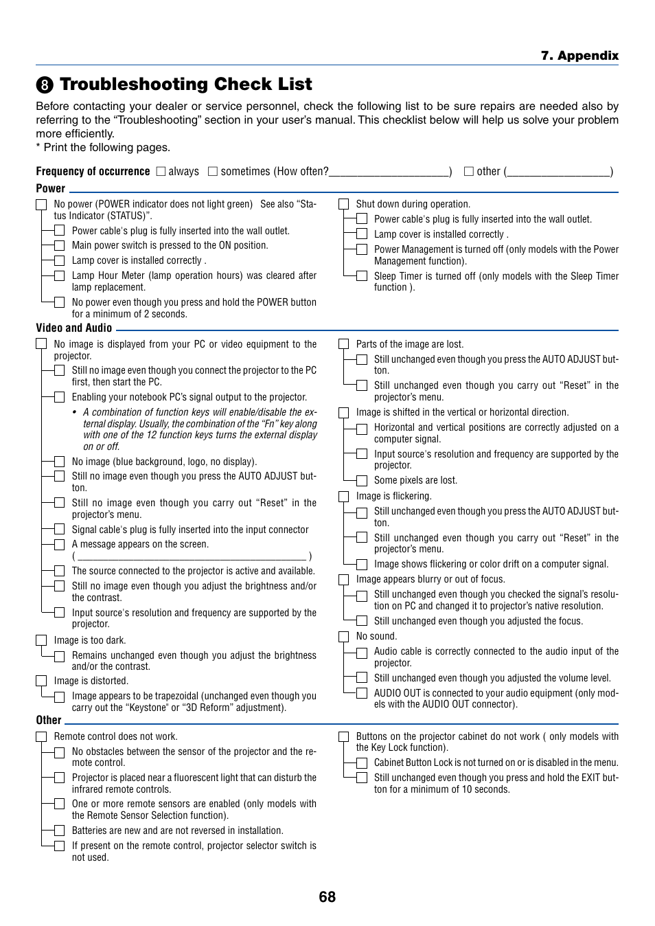 8) troubleshooting check list, ᕨ troubleshooting check list, º troubleshooting check list | IBM VT670 User Manual | Page 75 / 80