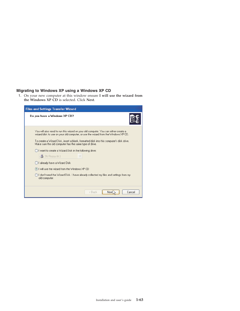 Migrating to windows xp using a windows xp cd | IBM 31P8128 User Manual | Page 71 / 112