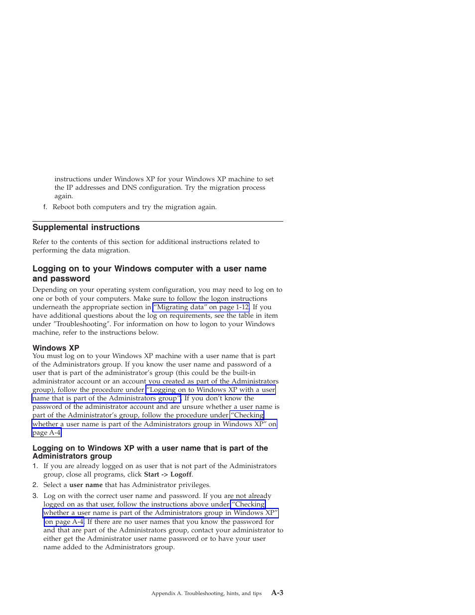 Supplemental instructions, Windows xp, Password | Supplemental | IBM 31P8128 User Manual | Page 83 / 112