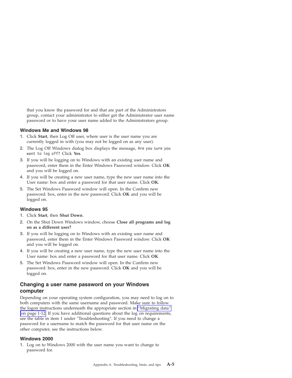 Windows me and windows 98, Windows 95, Windows 2000 | IBM 31P8128 User Manual | Page 85 / 112