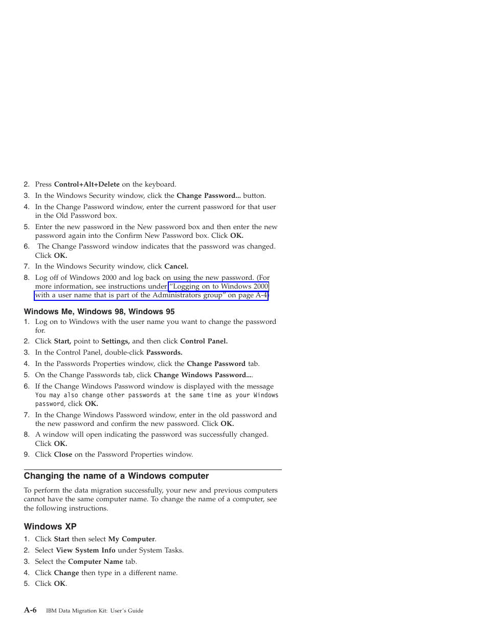 Windows me, windows 98, windows 95, Changing the name of a windows computer, Windows xp | IBM 31P8128 User Manual | Page 86 / 112