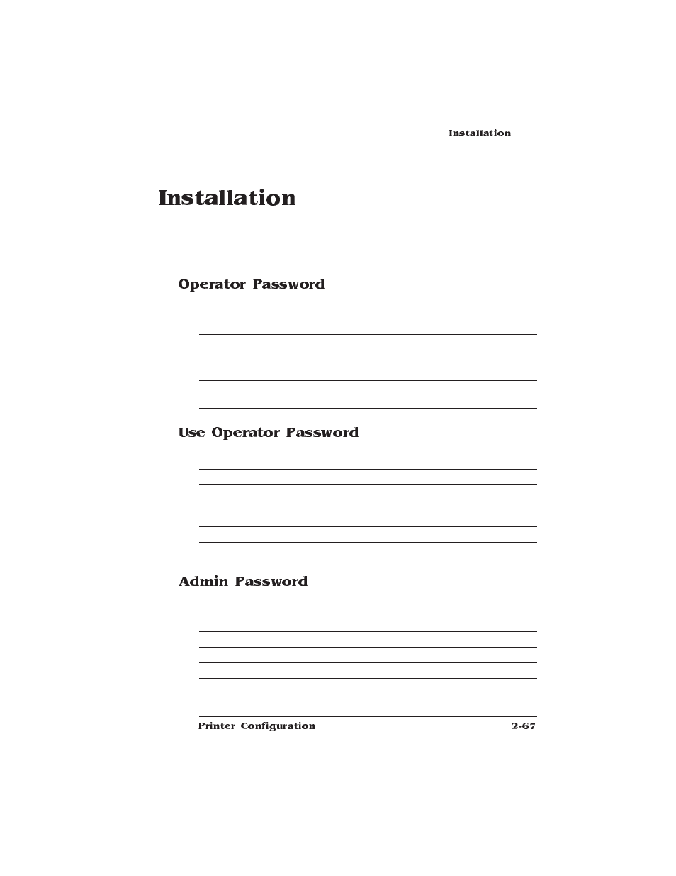 Installation, Operator password, Use operator password | Admin password, Installation menu | IBM 1725 SLS User Manual | Page 101 / 328