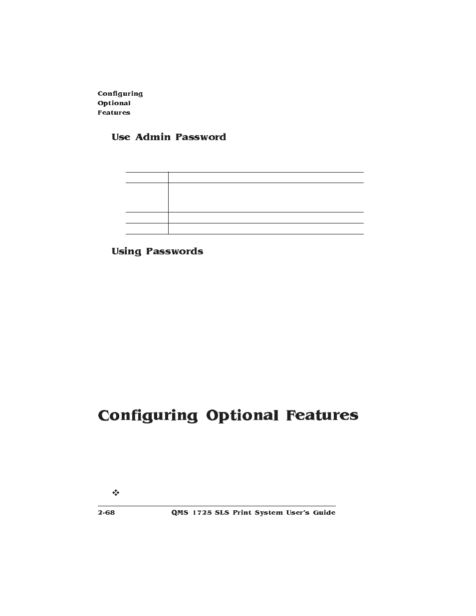 Use admin password, Using passwords, Configuring optional features | IBM 1725 SLS User Manual | Page 102 / 328