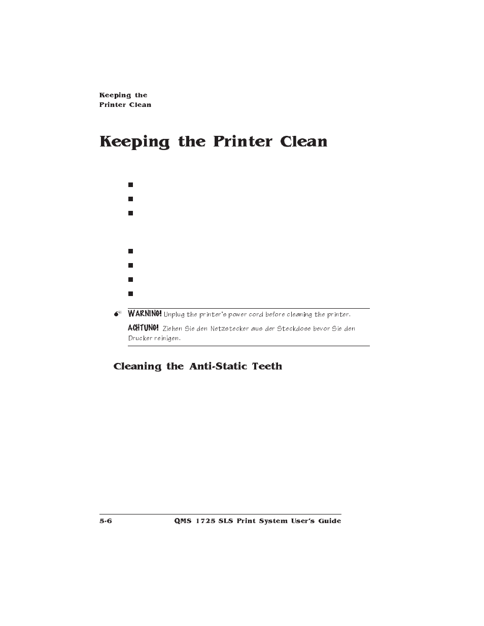 Keeping the printer clean, Cleaning the anti-static teeth, Printer cleaning procedures | IBM 1725 SLS User Manual | Page 142 / 328