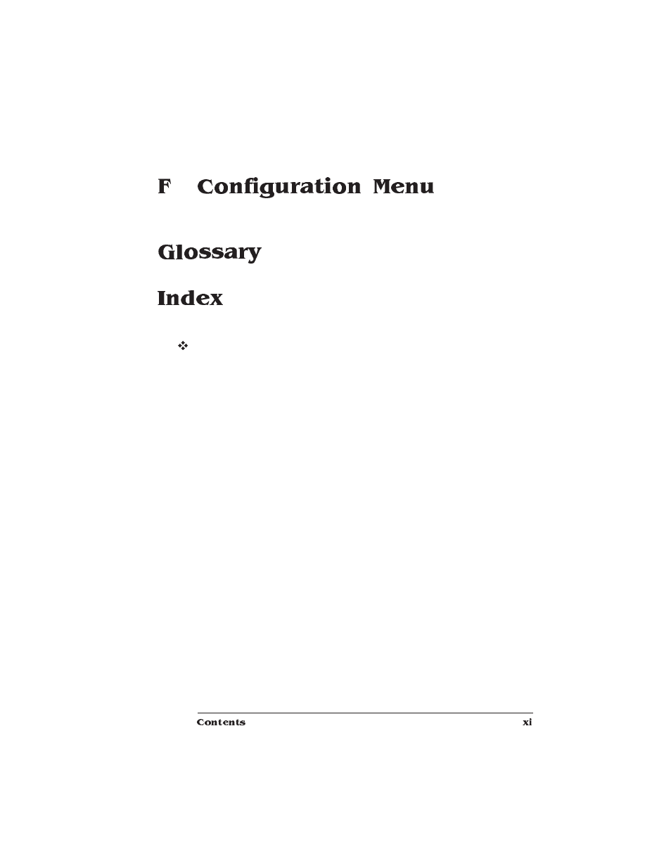 Configuration menu, Menu diagrams, Glossary | Index, F configuration menu, Glossary index | IBM 1725 SLS User Manual | Page 15 / 328
