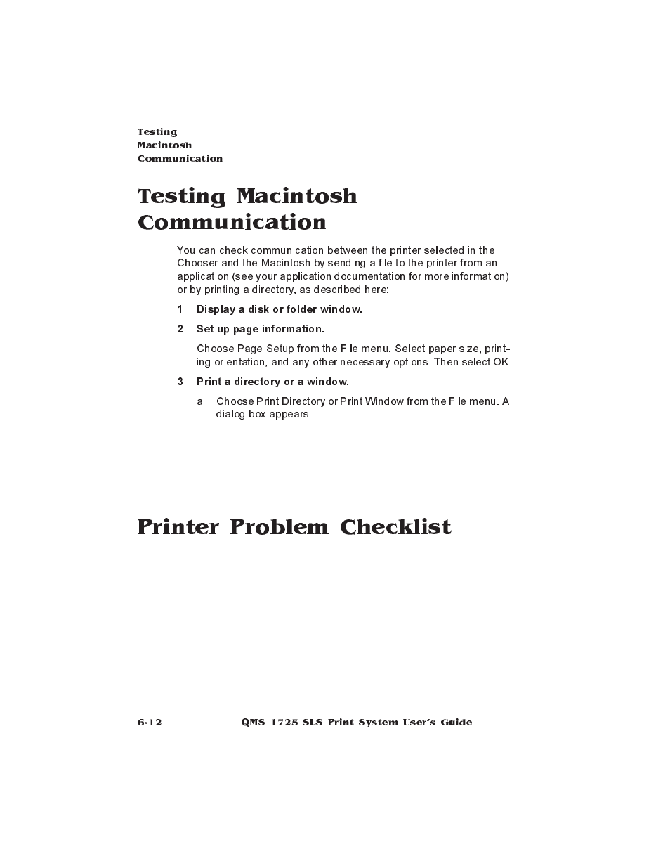 Testing macintosh communication, Printer problem checklist | IBM 1725 SLS User Manual | Page 158 / 328