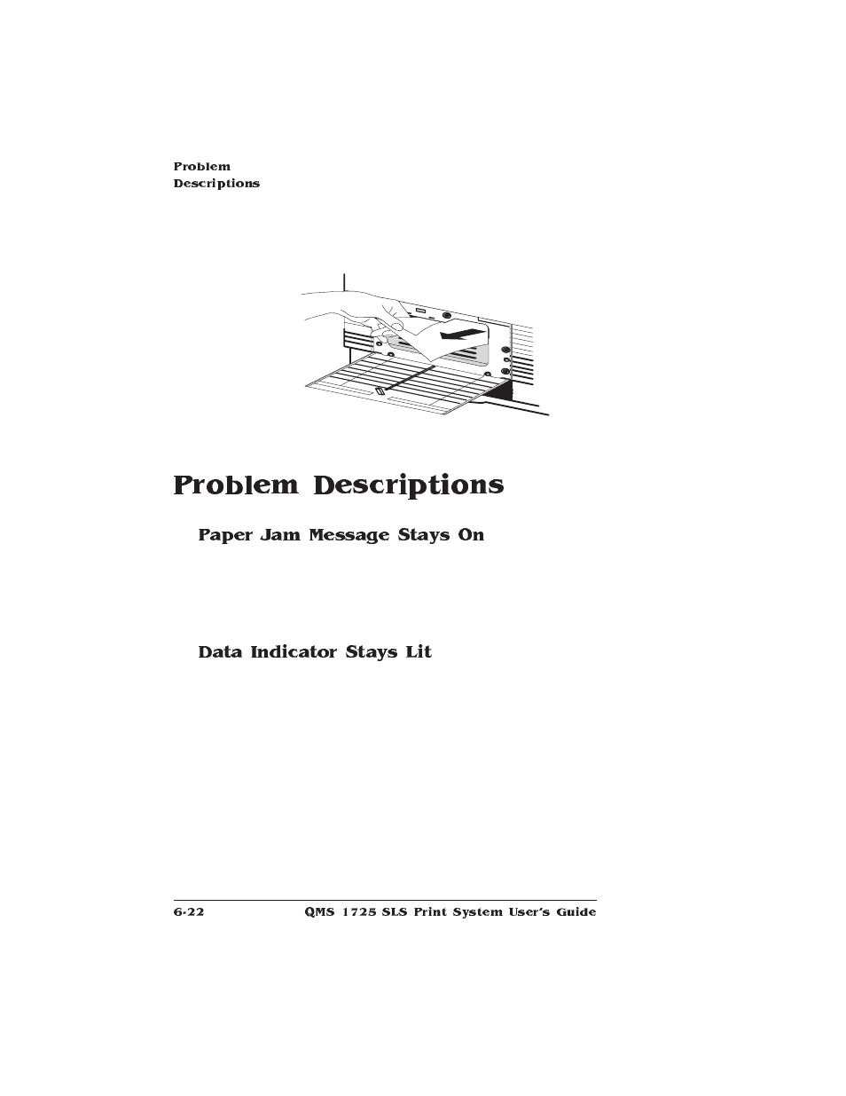 Problem descriptions, Paper jam message stays on, Data indicator stays lit | IBM 1725 SLS User Manual | Page 168 / 328