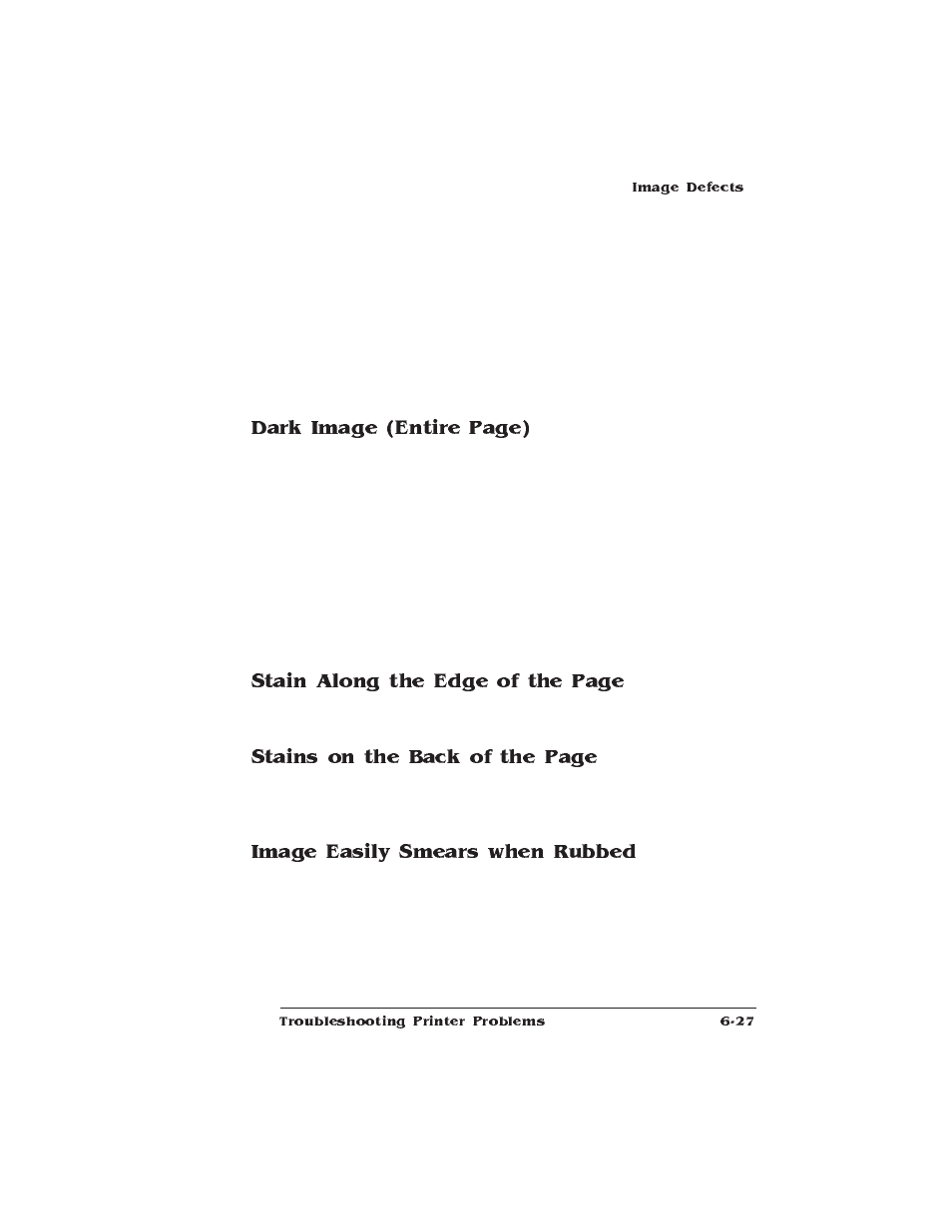 Image easily smears when rubbed, Dark image (entire page), Stain along the edge of the page | Stains on the back of the page | IBM 1725 SLS User Manual | Page 173 / 328