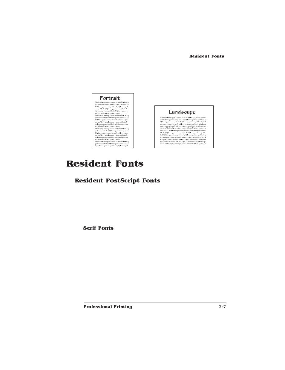 Resident fonts, Resident postscript fonts, Postscript typeface sampler | Portrait landscape, Serif fonts | IBM 1725 SLS User Manual | Page 181 / 328