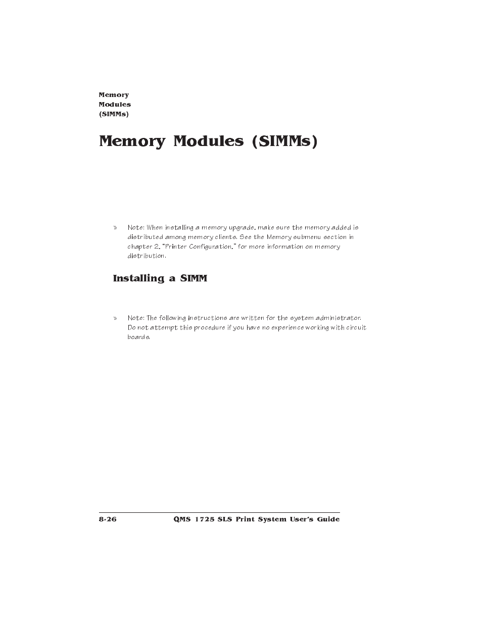 Memory modules (simms), Installing a simm, Single in-line memory (simms) | IBM 1725 SLS User Manual | Page 210 / 328