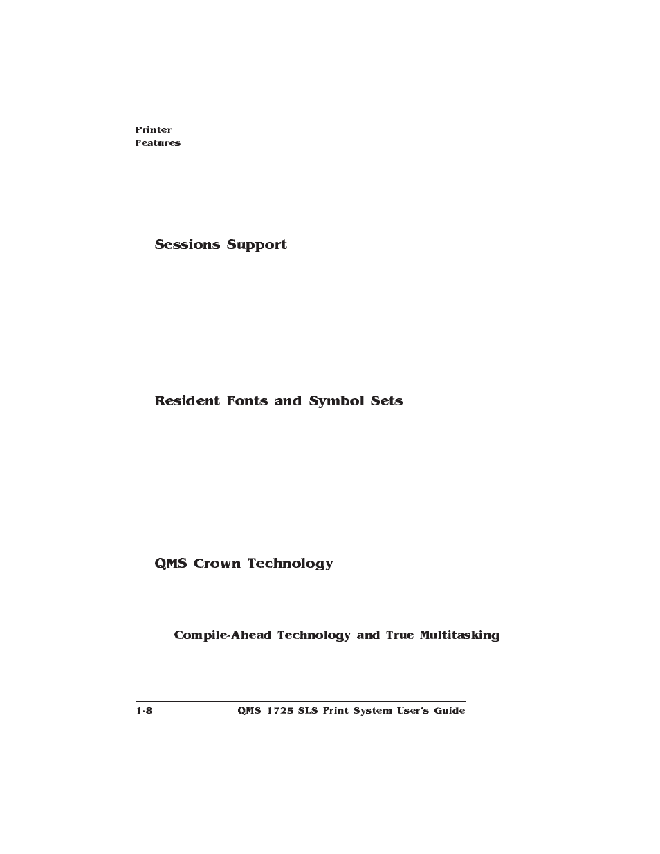 Sessions support, Resident fonts and symbol sets, Qms crown technology | IBM 1725 SLS User Manual | Page 24 / 328