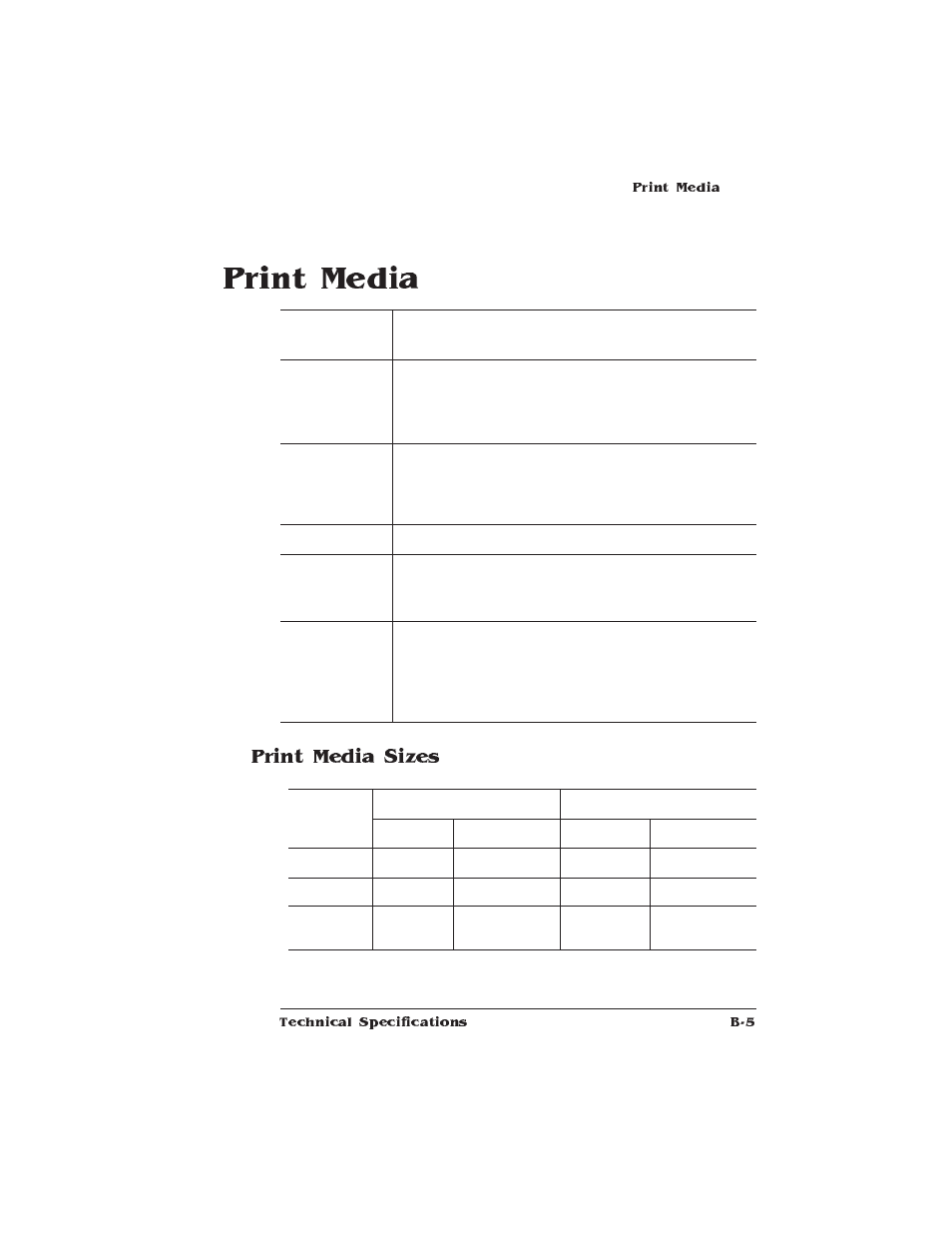 Print media, Print media sizes, Print media specifications | IBM 1725 SLS User Manual | Page 241 / 328
