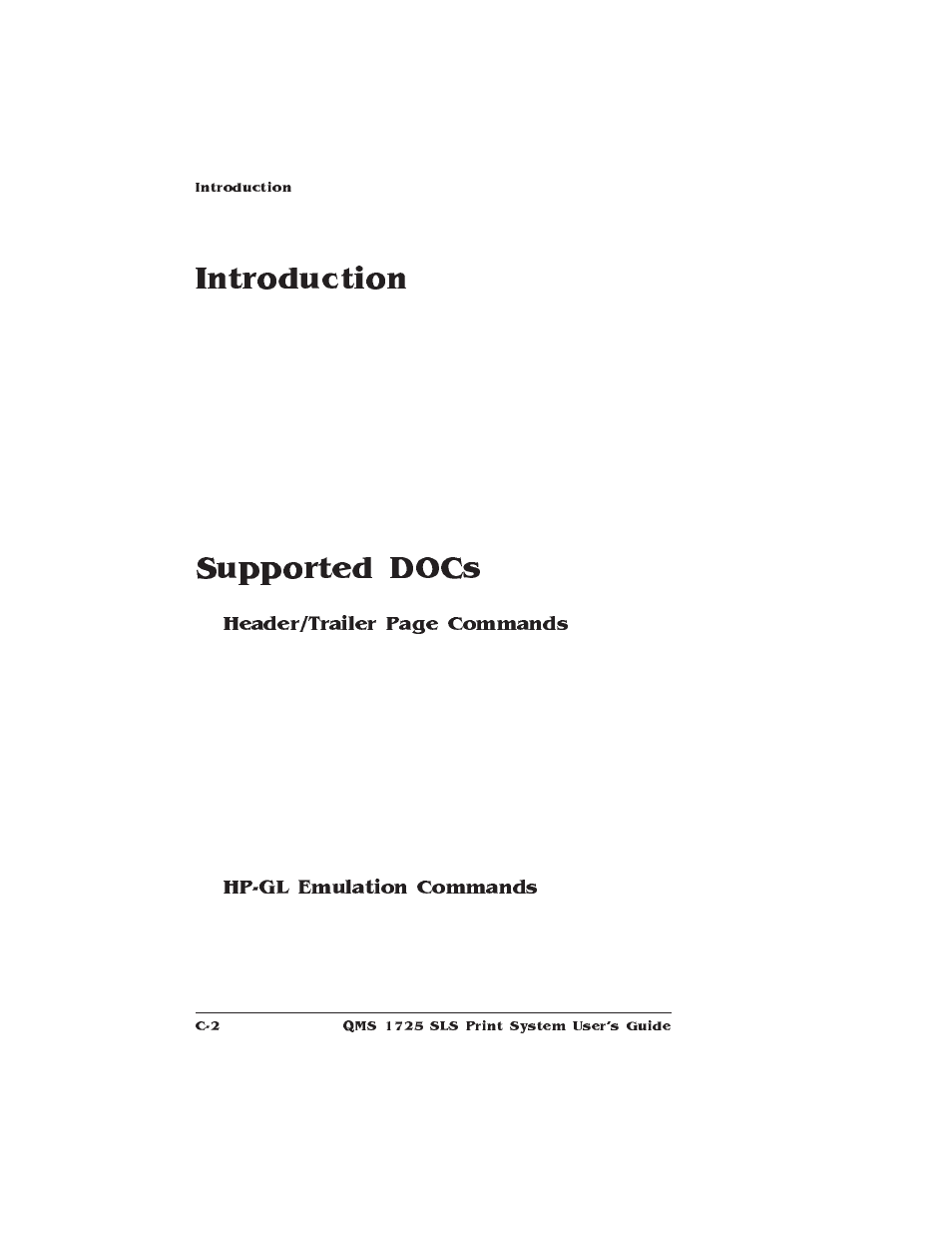Introduction, Supported docs, Hp-gl emulation commands | Supported document option commands (docs), Header/trailer page commands | IBM 1725 SLS User Manual | Page 252 / 328