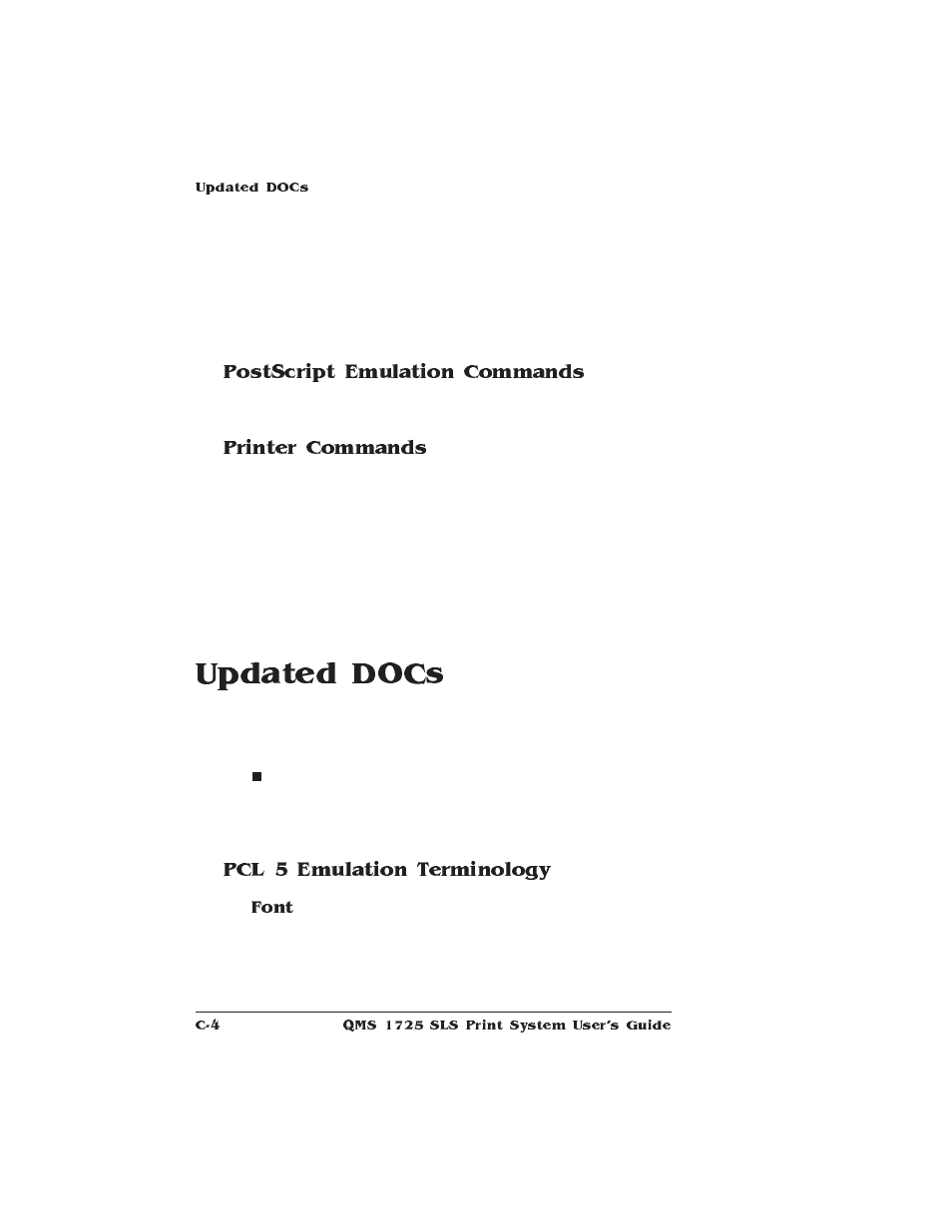 Postscript emulation commands, Printer commands, Updated docs | Pcl 5 emulation terminology, Updated plc 5 docs | IBM 1725 SLS User Manual | Page 254 / 328