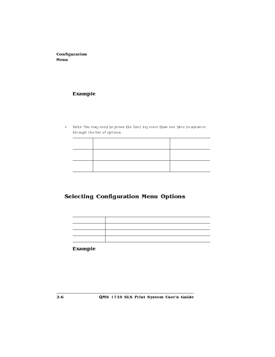 Selecting configuration menu options, Example | IBM 1725 SLS User Manual | Page 40 / 328