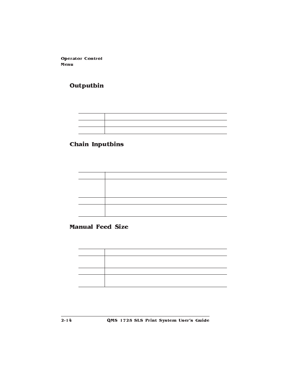 Outputbin, Chain inputbins, Manual feed size | IBM 1725 SLS User Manual | Page 48 / 328
