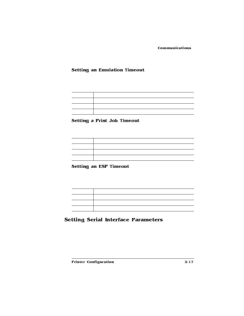 Setting serial interface parameters, Setting an emulation timeout, Setting a print job timeout | Setting an esp timeout | IBM 1725 SLS User Manual | Page 51 / 328