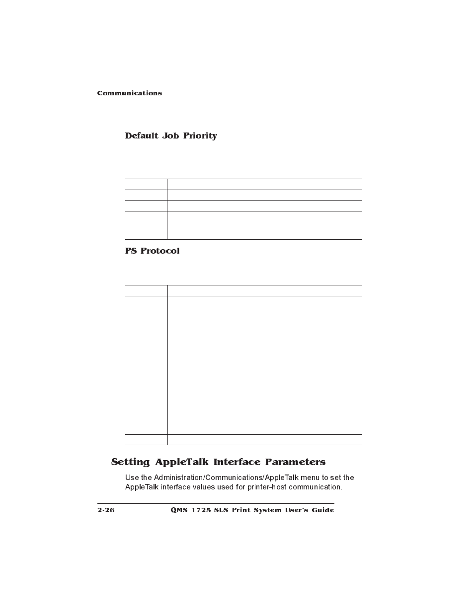 Setting appletalk interface parameters, Default job priority, Ps protocol | IBM 1725 SLS User Manual | Page 60 / 328