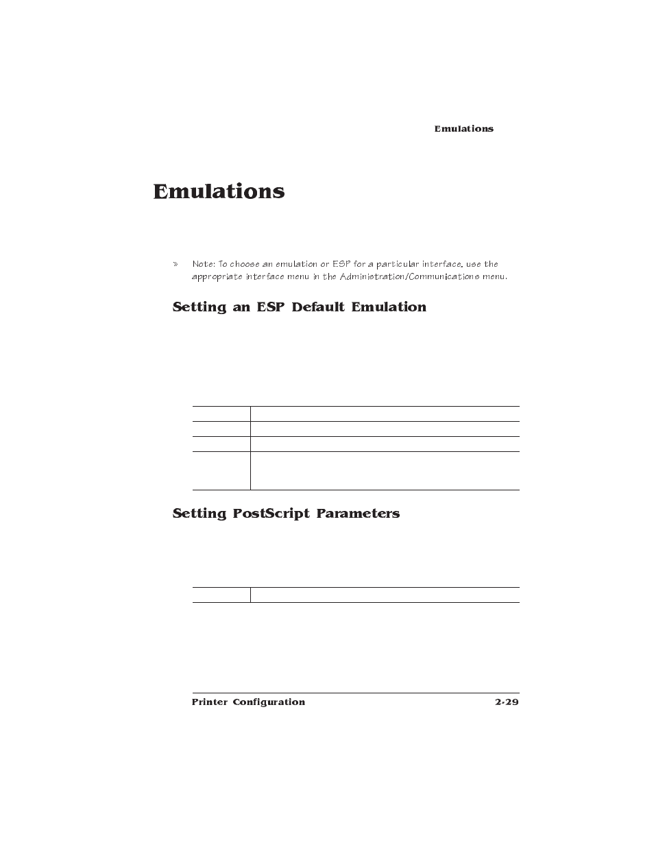 Emulations, Setting an esp default emulation, Setting postscript parameters | IBM 1725 SLS User Manual | Page 63 / 328