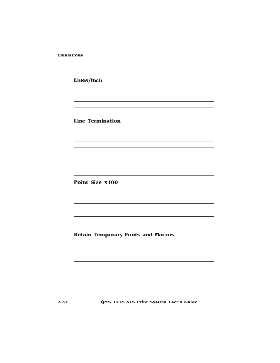 Lines/inch, Line termination, Point size x100 | Retain temporary fonts and macros | IBM 1725 SLS User Manual | Page 66 / 328