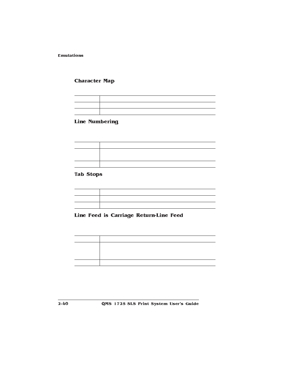 Character map, Line numbering, Tab stops | Line feed is carriage return-line feed | IBM 1725 SLS User Manual | Page 74 / 328