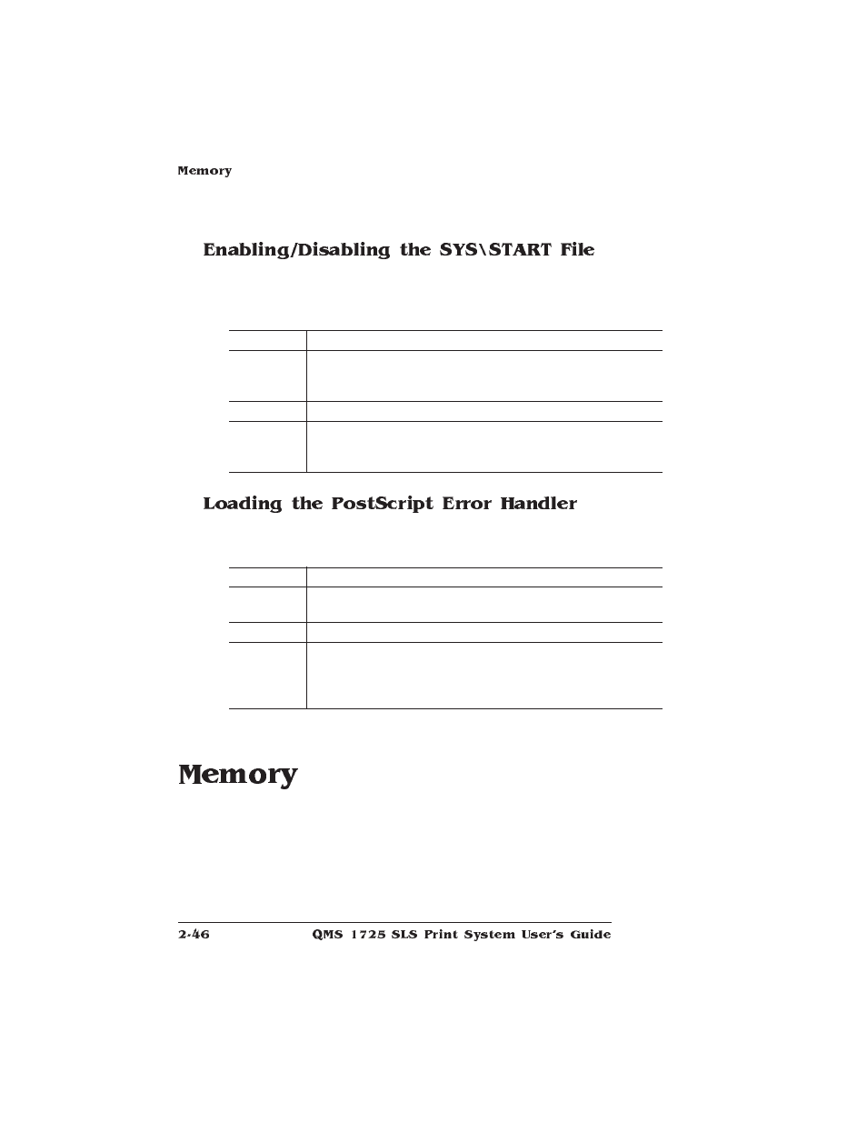 Enabling/disabling the sys\start file, Loading the postscript error handler, Memory | IBM 1725 SLS User Manual | Page 80 / 328