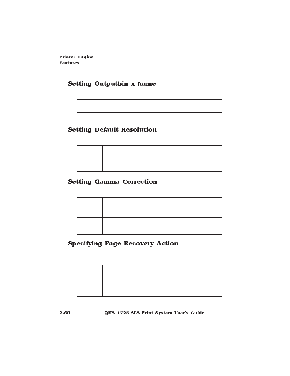 Setting outputbin x name, Setting default resolution, Setting gamma correction | Specifying page recovery action | IBM 1725 SLS User Manual | Page 94 / 328