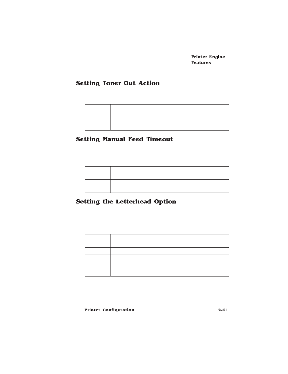 Setting toner out action, Setting manual feed timeout, Setting the letterhead option | IBM 1725 SLS User Manual | Page 95 / 328