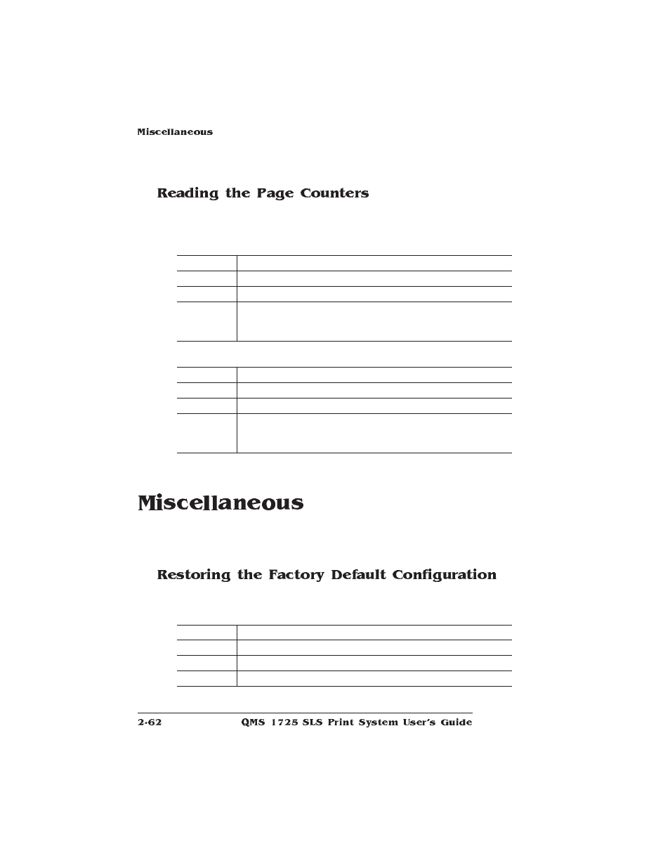 Miscellaneous, Restoring the factory default configuration, Reading the page counters | IBM 1725 SLS User Manual | Page 96 / 328