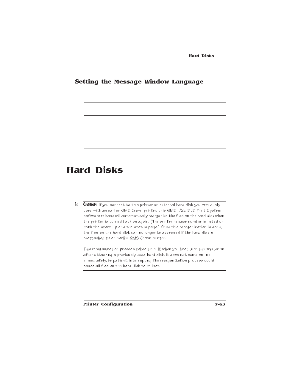 Setting the message window language, Hard disks | IBM 1725 SLS User Manual | Page 97 / 328