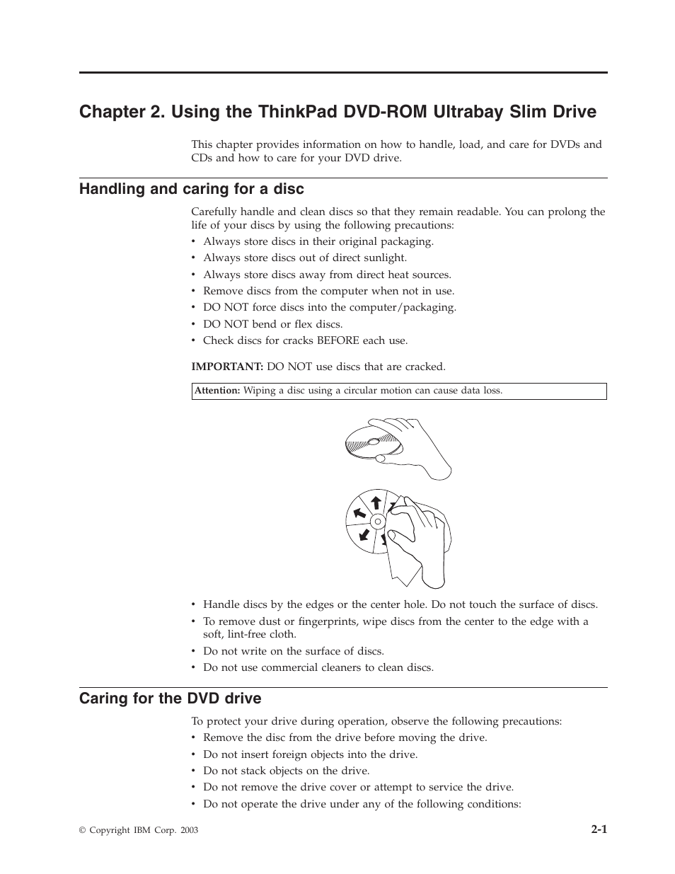 Handling and caring for a disc, Caring for the dvd drive, Chapter | Using, Thinkpad, Dvd-rom, Ultrabay, Slim, Drive, Handling | IBM Computer Drive User Manual | Page 11 / 44