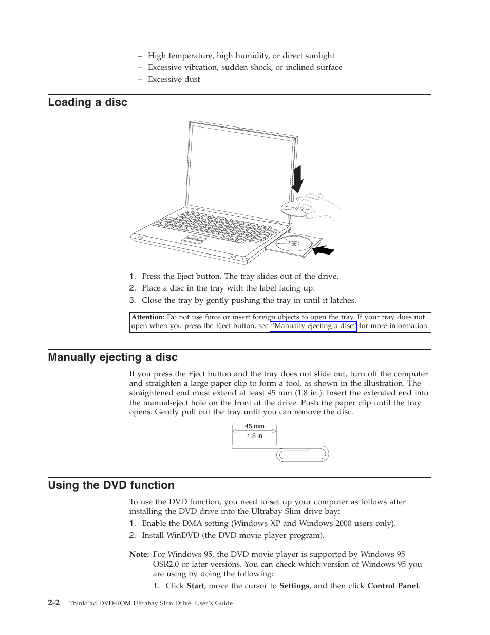 Loading a disc, Manually ejecting a disc, Using the dvd function | Loading, Disc, Manually, Ejecting, Using, Function | IBM Computer Drive User Manual | Page 12 / 44