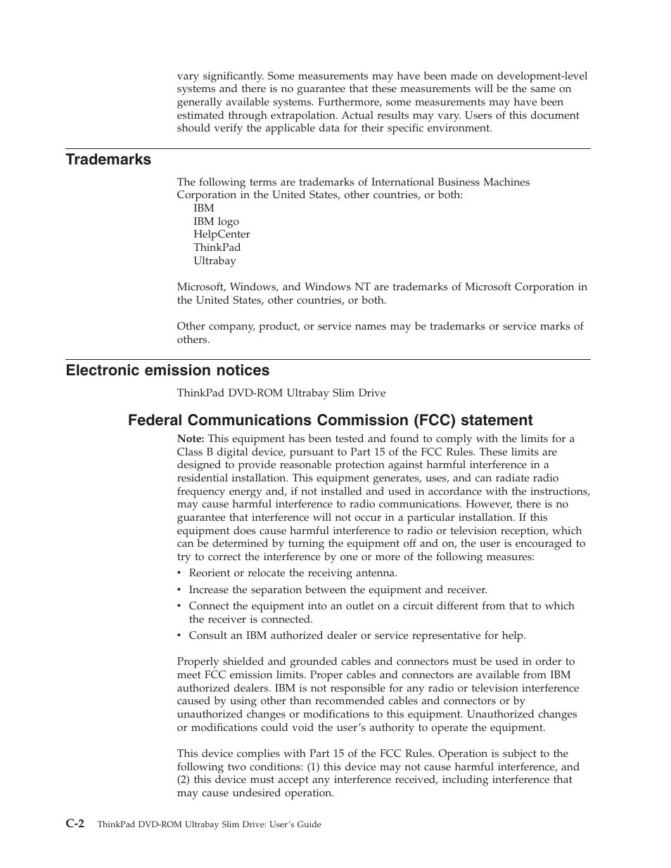 Trademarks, Electronic emission notices, Federal communications commission (fcc) statement | Electronic, Emission, Notices, Federal, Communications, Commission, Fcc) | IBM Computer Drive User Manual | Page 38 / 44