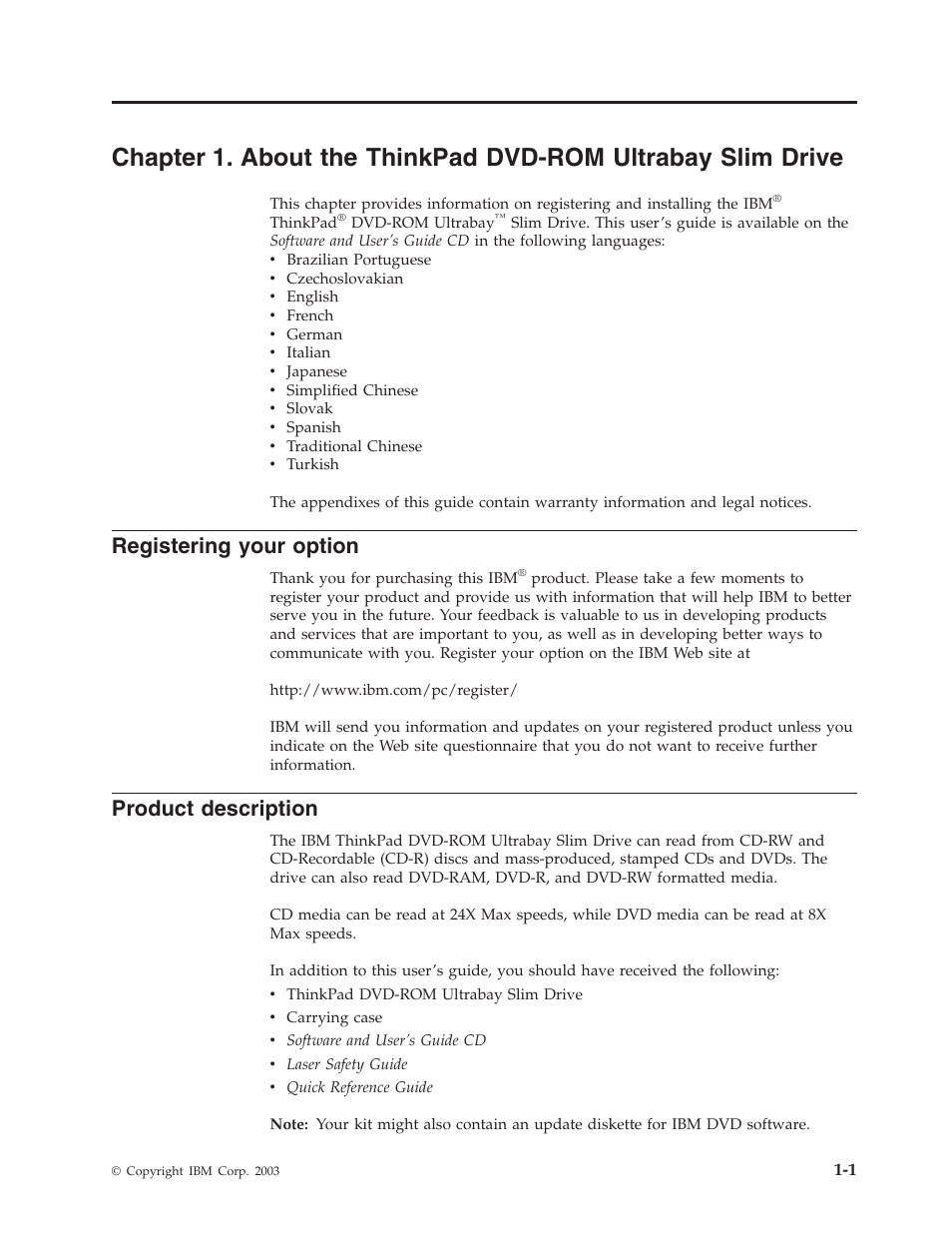 Registering your option, Product description, Chapter | About, Thinkpad, Dvd-rom, Ultrabay, Slim, Drive, Registering | IBM Computer Drive User Manual | Page 9 / 44