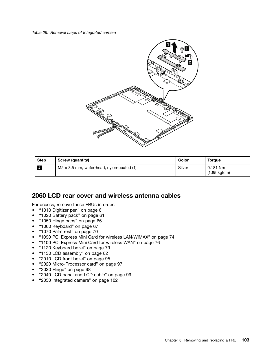 2060 lcd rear cover and wireless antenna cables | IBM X220 User Manual | Page 109 / 146