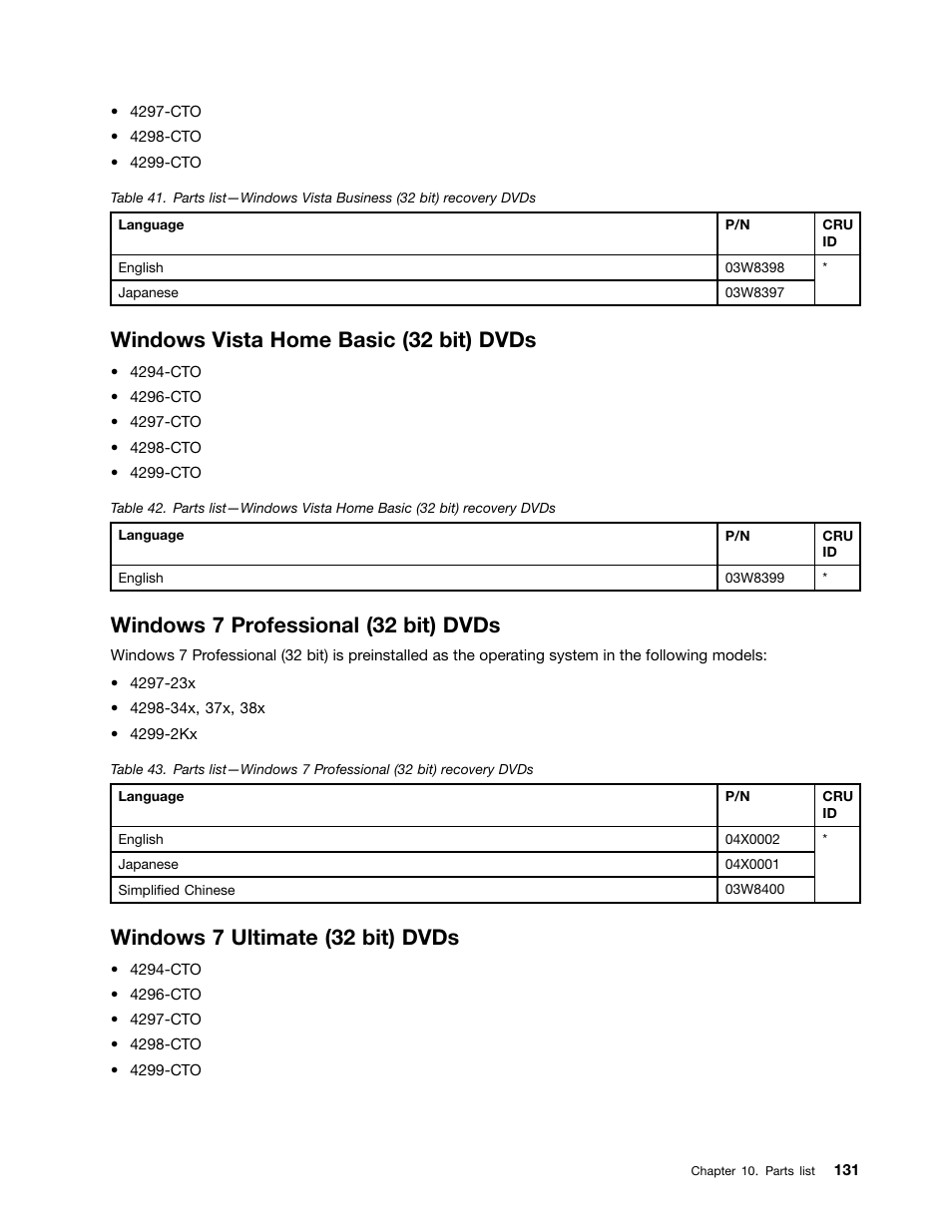 Windows vista home basic (32 bit) dvds, Windows 7 professional (32 bit) dvds, Windows 7 ultimate (32 bit) dvds | IBM X220 User Manual | Page 137 / 146