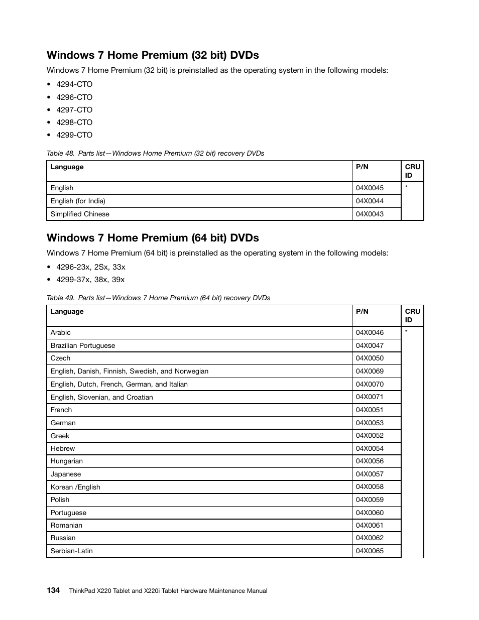 Windows 7 home premium (32 bit) dvds, Windows 7 home premium (64 bit) dvds | IBM X220 User Manual | Page 140 / 146