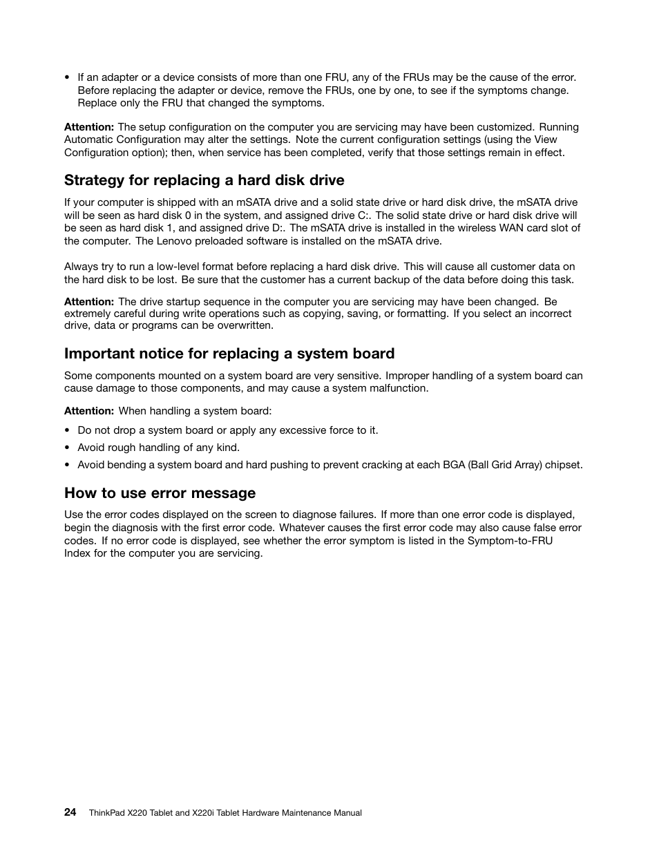 Strategy for replacing a hard disk drive, Important notice for replacing a system board, How to use error message | IBM X220 User Manual | Page 30 / 146