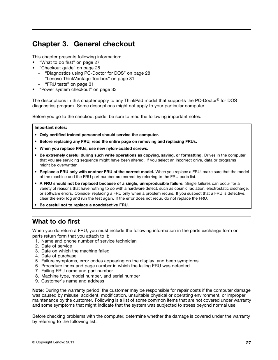 Chapter 3. general checkout, What to do first | IBM X220 User Manual | Page 33 / 146