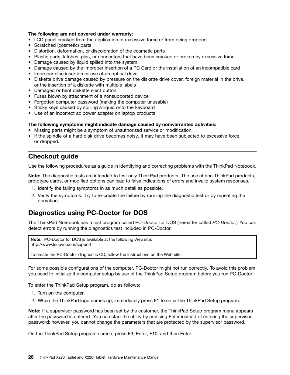 Checkout guide, Diagnostics using pc-doctor for dos | IBM X220 User Manual | Page 34 / 146