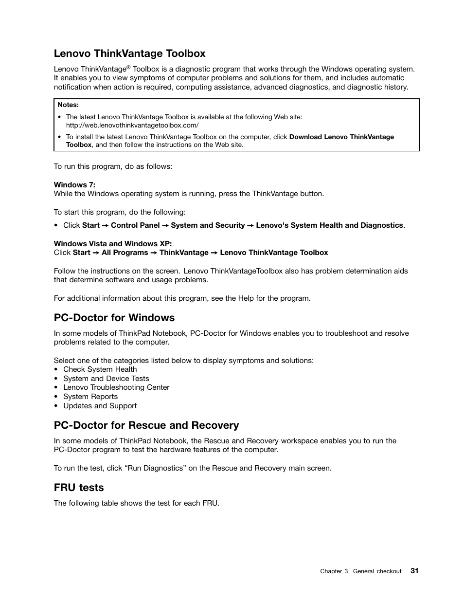 Lenovo thinkvantage toolbox, Pc-doctor for windows, Pc-doctor for rescue and recovery | Fru tests | IBM X220 User Manual | Page 37 / 146
