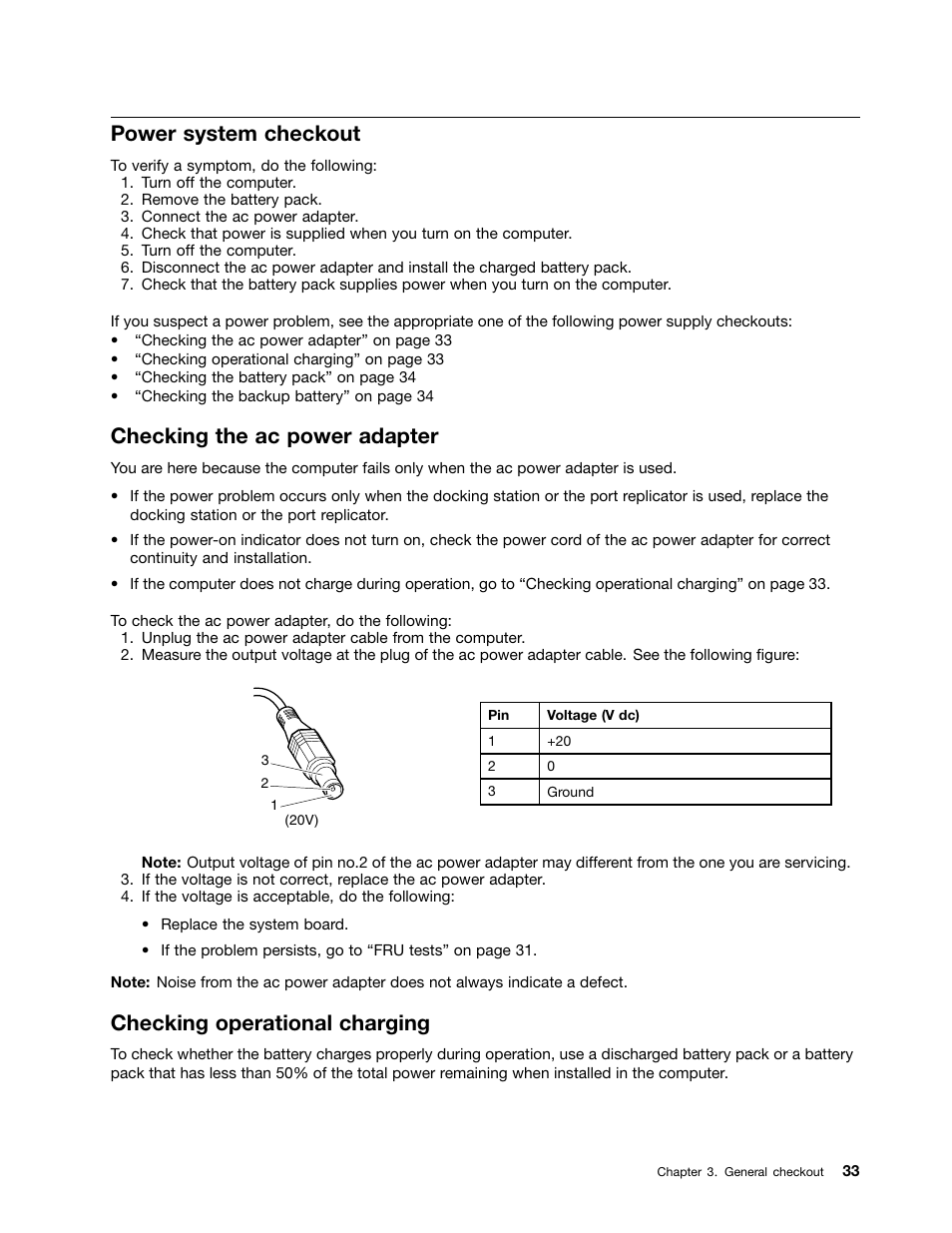 Power system checkout, Checking the ac power adapter, Checking operational charging | IBM X220 User Manual | Page 39 / 146