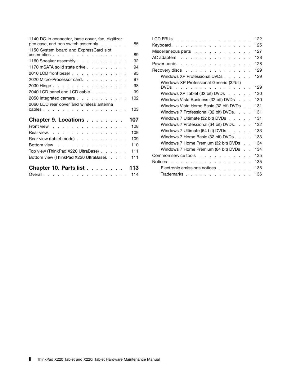 Chapter 9. locations, Chapter 10. parts list | IBM X220 User Manual | Page 4 / 146