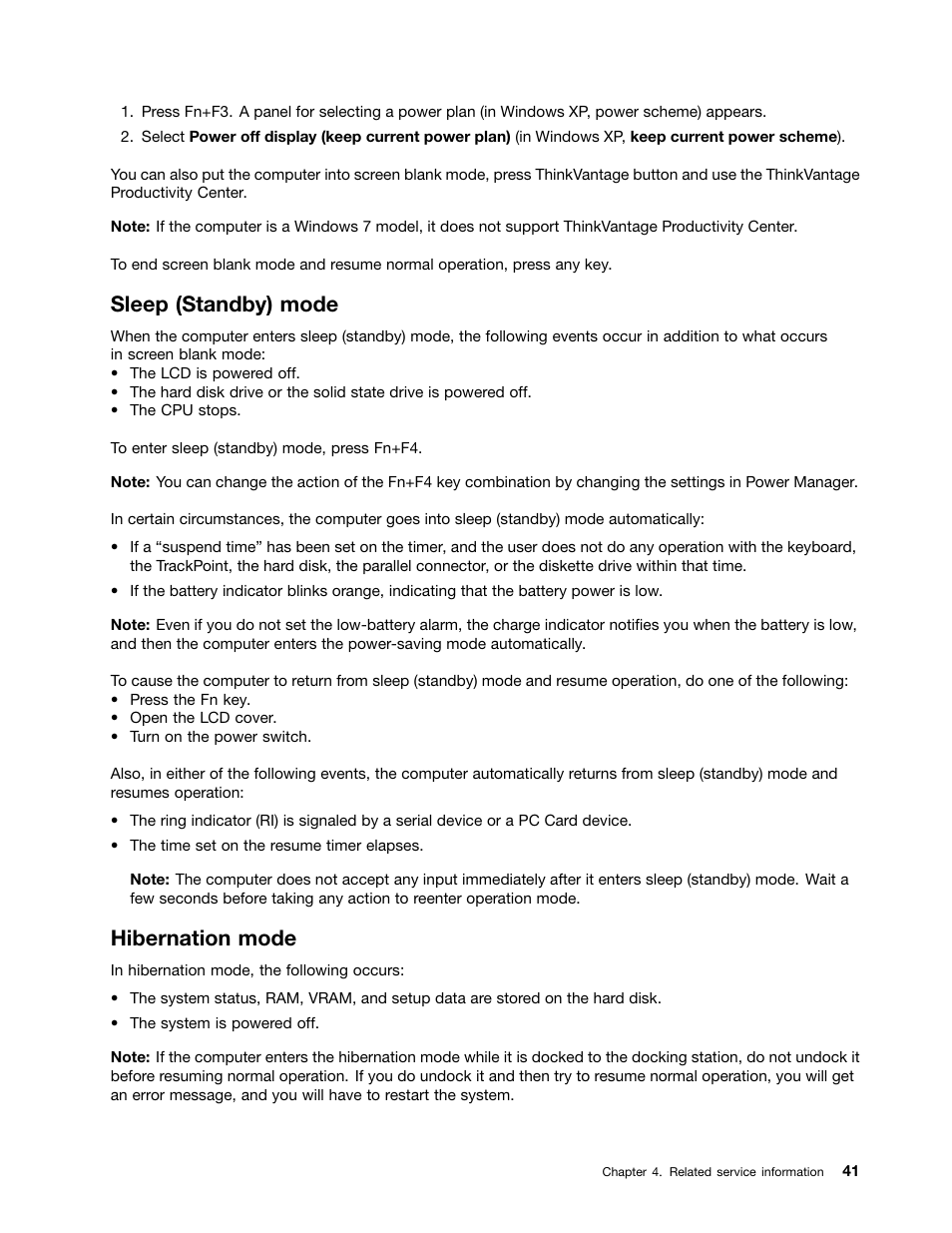 Sleep (standby) mode, Hibernation mode | IBM X220 User Manual | Page 47 / 146